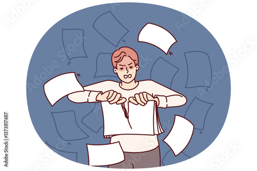 Angry man rips up documents after experiencing burst of aggression due to bureaucracy and stress of doing paperwork. Businessman throwing up documents with bad financial statements.