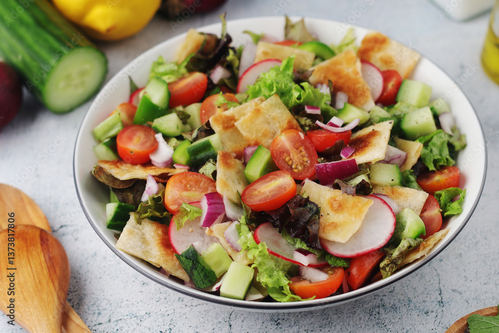 A bowl with Fattoush - Traditional Levantine salad A bowl with Fattoush - Traditional Levantine salad