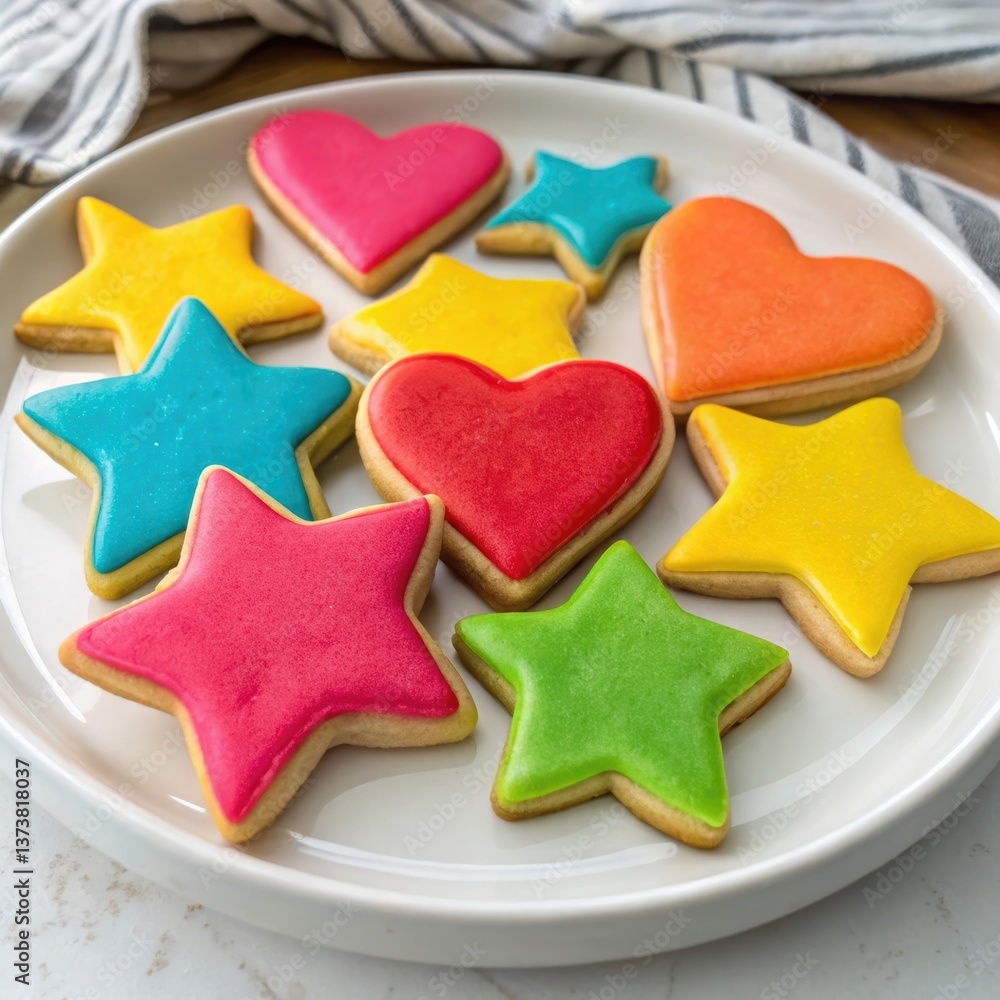 Obraz premium Colorful decorated sugar cookies in star and heart shapes on a white plate.