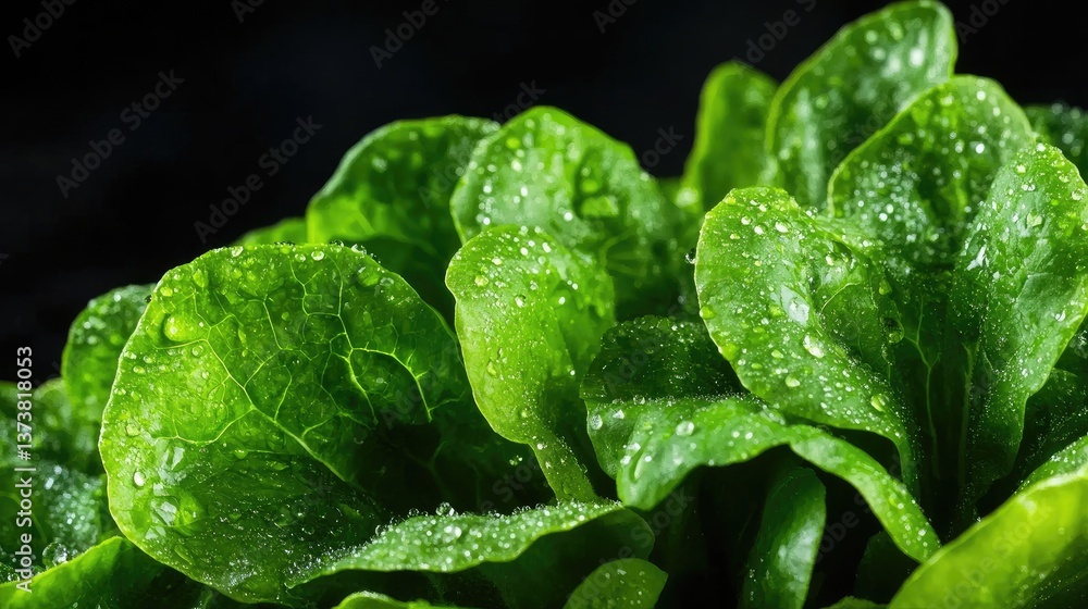 Fresh Green Lettuce Leaves with Water Droplets on Dark Background Fresh Green Lettuce Leaves with Water Droplets on Dark Background
