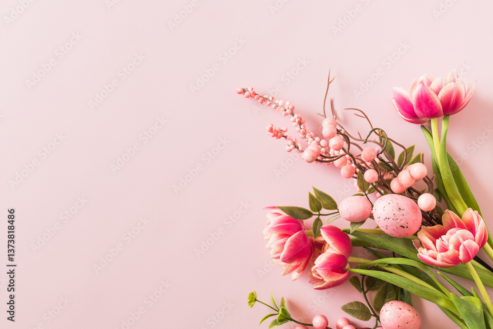 Pink tulips and Easter eggs on a pink background Pink tulips and Easter eggs on a pink background