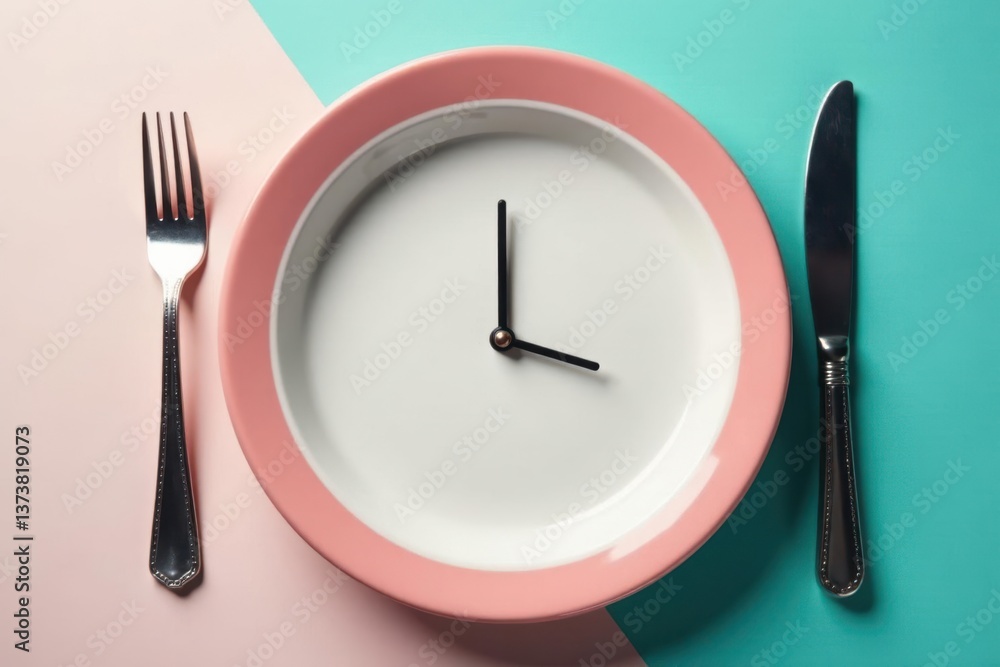 Empty plate with clock, signifying time-restricted eating, eating plan, calorie restriction Empty plate with clock, signifying time-restricted eating, eating plan, calorie restriction