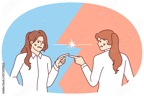 Angry women argue and point fingers at each other, blaming colleague for making mistake at work. Aggressive female rivals with angry facial expressions are in conflict vying out relationships