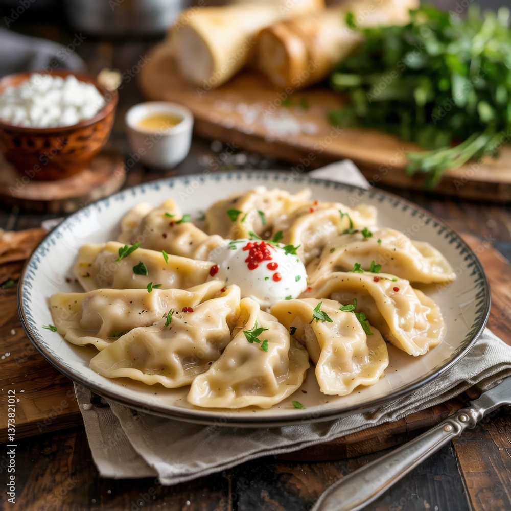 Traditional Pierogi Dumplings on Rustic Plate Traditional Pierogi Dumplings on Rustic Plate