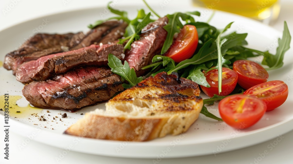 A perfectly grilled medium-rare steak, with the pink center visible and rustic bread on the side of the plate A perfectly grilled medium-rare steak, with the pink center visible and rustic bread on the side of the plate