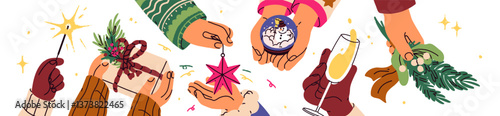 Christmas celebration with hands holding festive gift, champagne, sparkler, bauble. People celebrating winter holiday party, happy New Year. Flat vector illustration isolated on white background