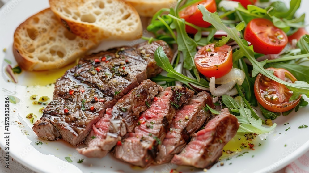 A perfectly grilled medium-rare steak, with the pink center visible and rustic bread on the side of the plate A perfectly grilled medium-rare steak, with the pink center visible and rustic bread on the side of the plate