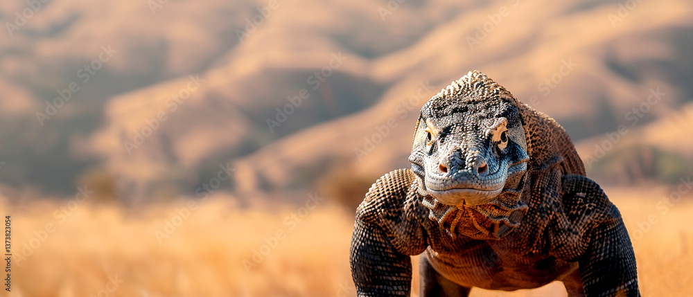 Komodo Dragon in Dry Forest Terrain. Prehistoric Reptile, Nature Wild, Savage Majesty, Copyspace.