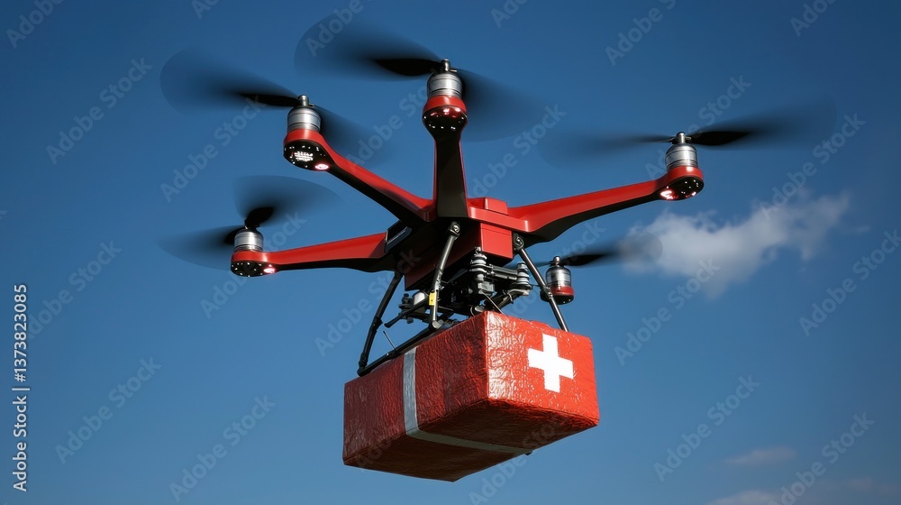 Drone delivering a medical package over a clear blue sky, showcasing advanced technology in action Drone delivering a medical package over a clear blue sky, showcasing advanced technology in action