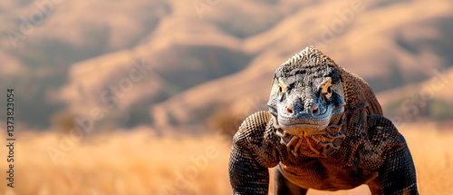 Obraz na płótnie Komodo Dragon in Dry Forest Terrain. Prehistoric Reptile, Nature Wild, Savage Majesty, Copyspace. w salonie