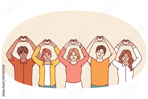 Kind people volunteers making heart shape with fingers and raising hands above heads. Men and women volunteers calling to make donations to charitable foundation to help those in need
