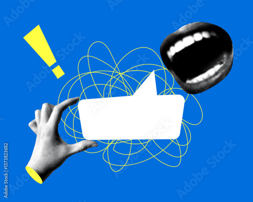 Modern collage with halftone hand holding speech bubble and laughing mouth. Concept of conversation, communication