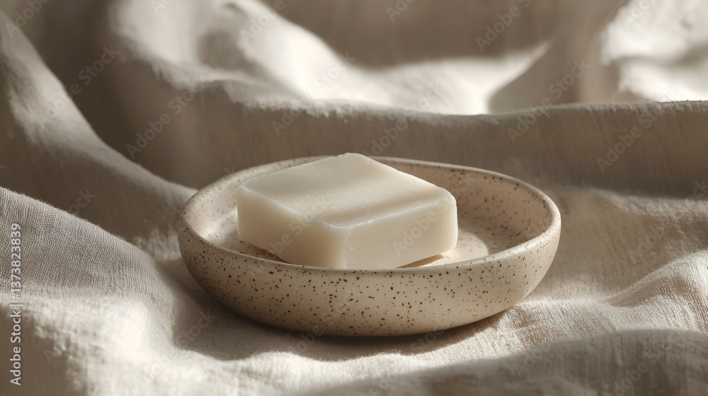 Ivory soap on speckled ceramic dish rests on soft white cloth, bathed in warm, inviting sunlight. Ivory soap on speckled ceramic dish rests on soft white cloth, bathed in warm, inviting sunlight.
