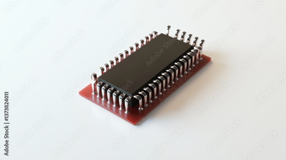 Electronic integrated circuit with metal pins on a white surface Electronic integrated circuit with metal pins on a white surface
