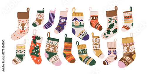 Christmas stockings set. Festive woolen hanging socks with patterns, cute ornaments. Xmas traditional boots for winter holiday gift, present. Flat vector illustration isolated on white background