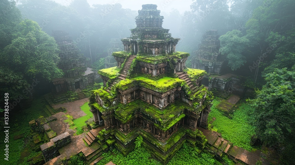 Naklejka premium Ancient temple complex shrouded in mist