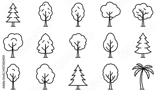 Tree icon. Set of linear tree icons. Black symbols of tree. Editable stroke. Vector illustration.