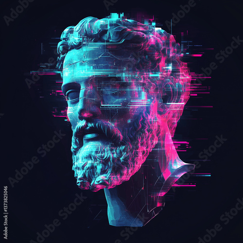 Marble statue with glitch effect on black background