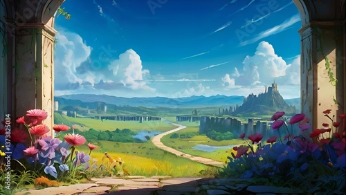 ゲーム背景　古代遺跡の神殿と植物に支配された草原と花畑のある雄大な自然風景