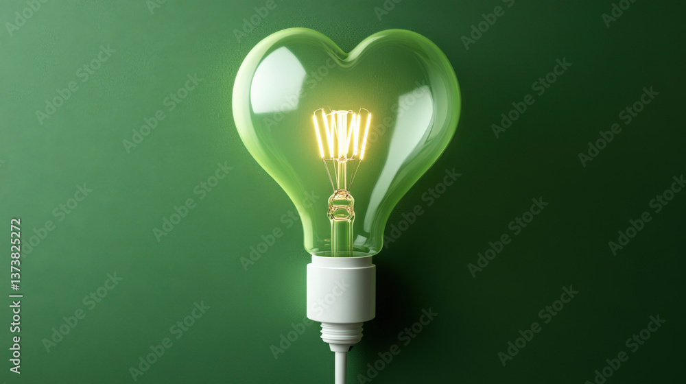 green lightbulb with heart-shape filament, against a green background. idea of earth day, green sustainable life. green lightbulb with heart-shape filament, against a green background. idea of earth day, green sustainable life.