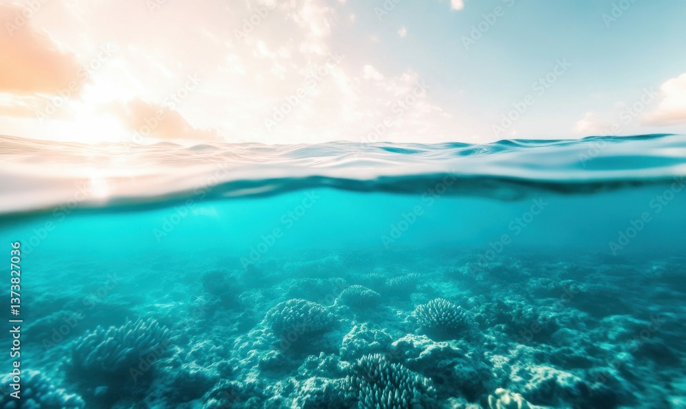 A vibrant coral reef thrives beneath the turquoise surface of a tranquil tropical ocean. A vibrant coral reef thrives beneath the turquoise surface of a tranquil tropical ocean.