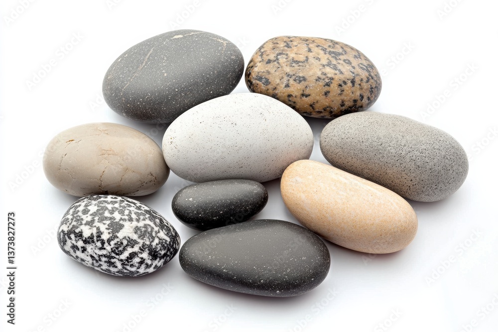 Collection of smooth and varied stones placed on a white surface showcasing their unique textures and colors in natural arrangement