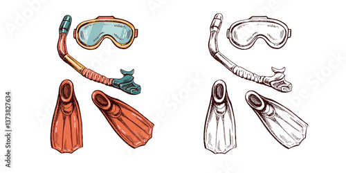 Hand - drawn colored and monochrome sketch of diving mask, diving fins and snorkel, vector Marine concept elements. Engraving illustration on white background.