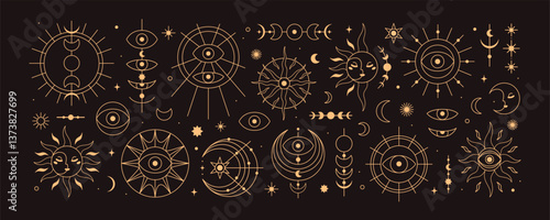 Sun, moon, celestial symbols, magic mystic set. Astrology design elements with star, crescent, orbit, cosmic eye, golden line art. Esoteric spiritual occult patterns. Isolated vector illustrations