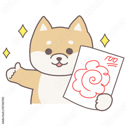 100点で花丸のテストを見せてグッドポーズをしているかわいい柴犬のキャラクター