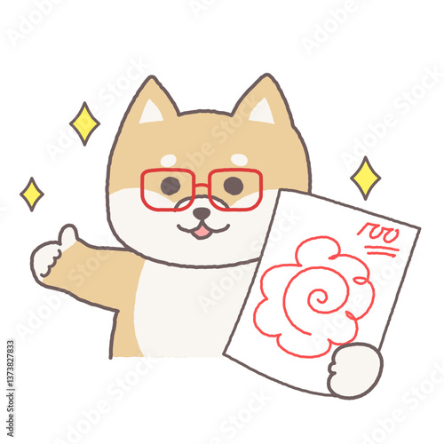 100点で花丸のテストを見せてグッドポーズをしているかわいい柴犬の先生キャラクター