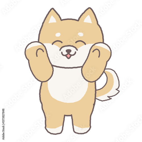 笑顔でバンザイをするかわいい柴犬の仔犬　ゆるかわいいイラスト