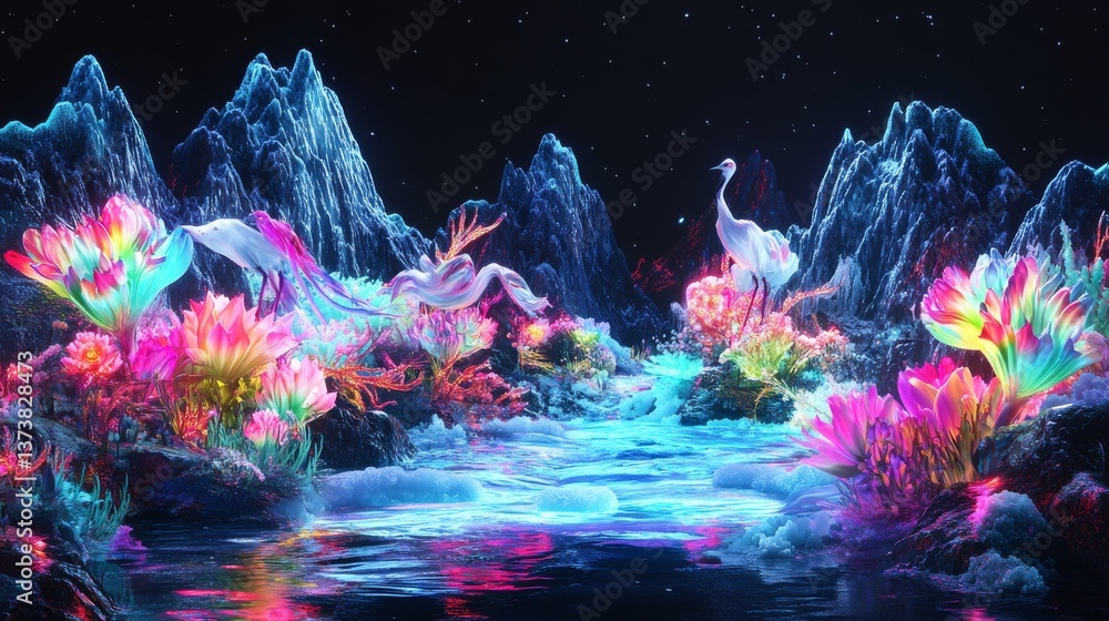 Fototapeta premium A colorful fantasy world featuring vibrant glowing plants and a serene river flowing through a magical landscape under a starry sky, ideal for sci-fi and dreamlike themes.. AI Generation