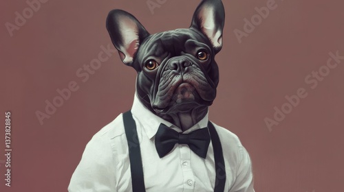 A sophisticated French bulldog is dressed in formal attire, featuring a crisp white shirt, black suspenders, and a bow tie. The dog. AI Generation
