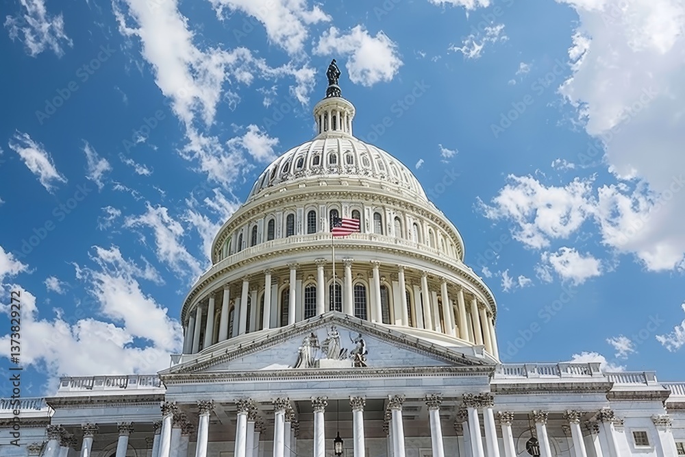 Close up view of the white dome of the capitol surrounded by a bright blue sky and american flag Close up view of the white dome of the capitol surrounded by a bright blue sky and american flag