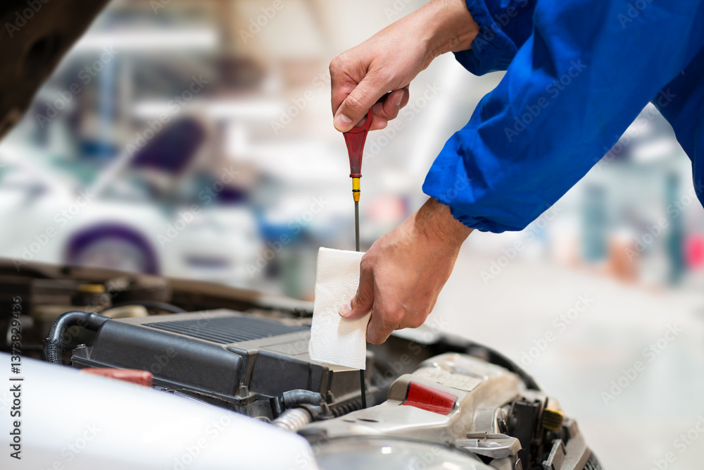 Close up of a car mechanic checking oil level in a mechanical at workshop Close up of a car mechanic checking oil level in a mechanical at workshop