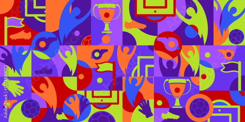 Soccer multicolor background, football accessories