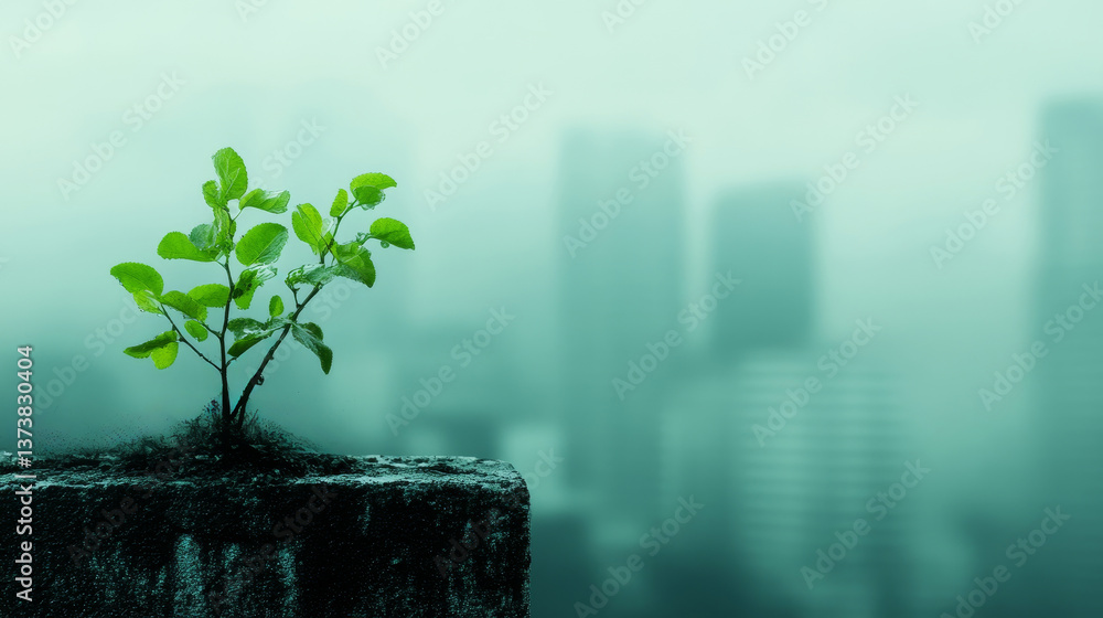 green plant growing on urban concrete rooftop symbolizes hope for world environment day awareness