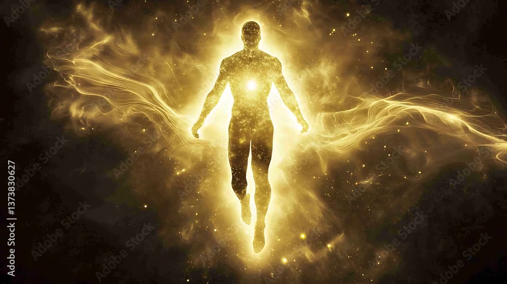 A man is floating in the air with a glowing heart A man is floating in the air with a glowing heart