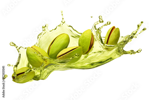 Flying pistachios in their shells in a splash of green liquid or oil isolated on transparent background.