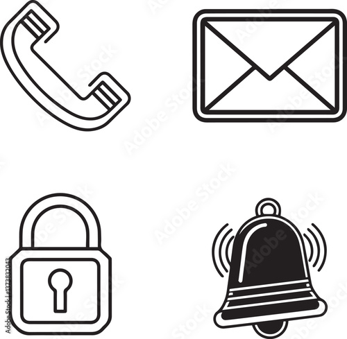 Communication Essentials: A set of four black and white outlined icons representing key communication and security symbols. The simple yet modern design includes a phone, email, lock, and bell.