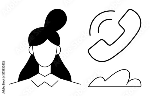 Female portrait next to ringing phone and cloud icon representing communication. Ideal for customer service, helpline, virtual assistance, telecalls, networking, remote work, sales. Flat simple