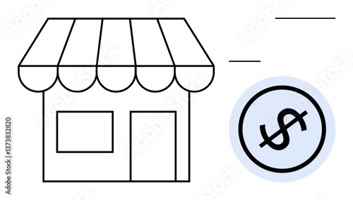 Small shop with storefront awning next to a dollar sign, illustrating finances, costs, or business revenue. Ideal for retail, economy, budgeting, commerce, small business entrepreneurship flat