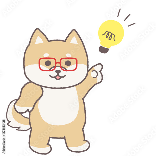 ポイントのポーズで閃いているメガネをかけた柴犬と電球のイラスト
