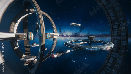 Fototapeta Naklejka Na Ścianę i Meble -  Futuristic space station complex with orbiting vessels a galaxy backdrop