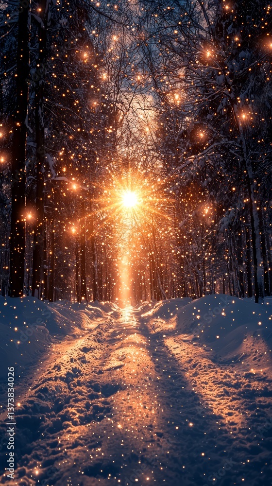 Naklejka premium Snow scenery, Nordic region, night, starry sky, snowfall, snow covered, real ::2 , photo ::2 , award-winning, best quality, high-definition, high detail, 16K ::1 