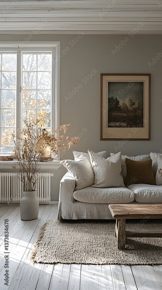 Fototapeta premium Modern Living Room with White Couch and Wooden Coffee Table