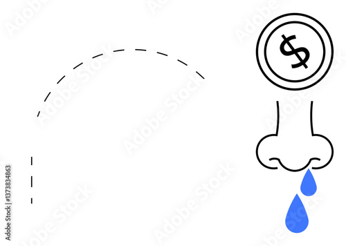 Nose dripping blue drops and dollar sign symbolizing healthcare costs. Ideal for health expenses, medical fees, insurance, illness, treatment costs, financial burden, budgeting. Flat simple metaphor