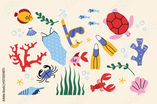 Cartoon-style underwater illustration with sea animals, fish, corals, diving gear. Perfect for summer prints, posters, wall decor, stickers, ocean-themed design for kids, travel, marine projects