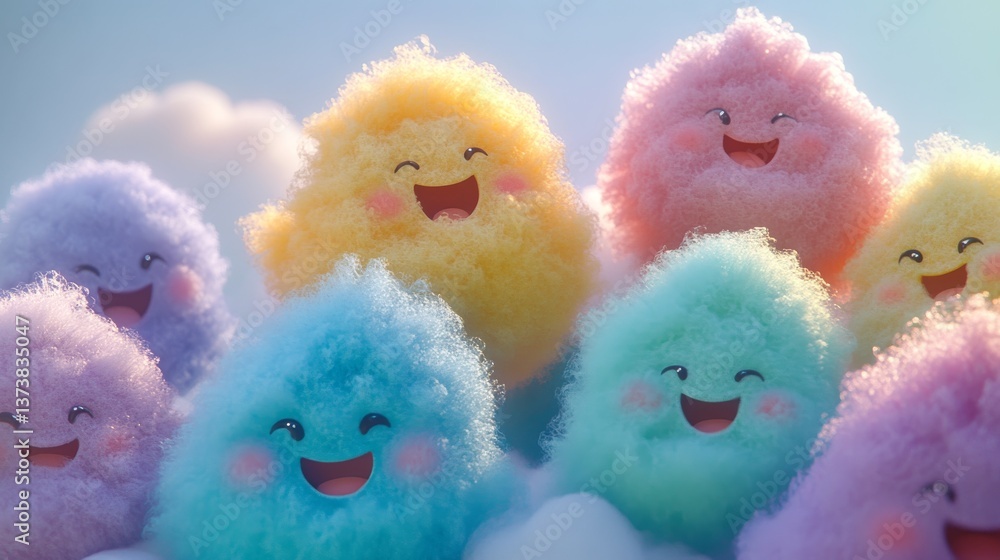 A playful and joyful fantasy scene featuring fluffy clouds in bright colors with happy smiling faces, creating a cheerful and whimsical atmosphere, perfect for children's content or imaginative design A playful and joyful fantasy scene featuring fluffy clouds in bright colors with happy smiling faces, creating a cheerful and whimsical atmosphere, perfect for children's content or imaginative design