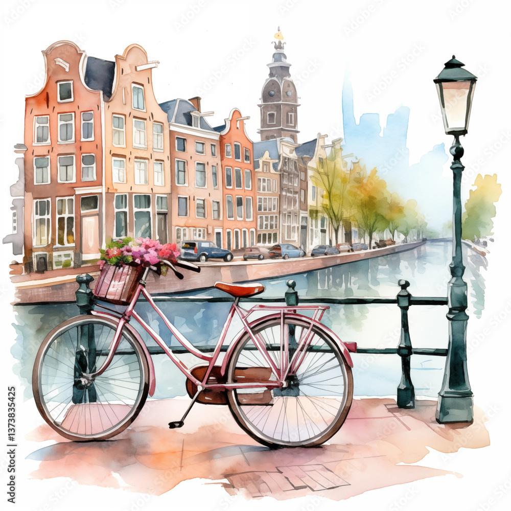 Fototapeta premium Watercolor illustration of a city with a promenade and a bicycle
